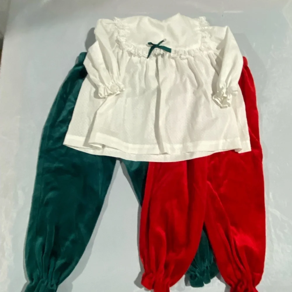 White Top with Green and Red Pants Set